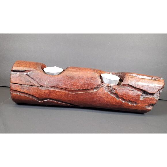 Rustic Hand-Carved Log Candle Holder 12″ × 3.25″ × 3″ Wood Centerpiece - Picture 2 of 7